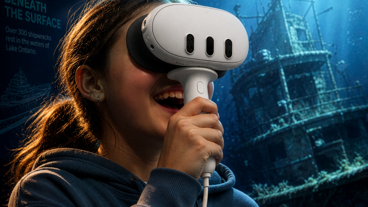 A visitor holding the VR Vue Hybrid Handset like binoculars