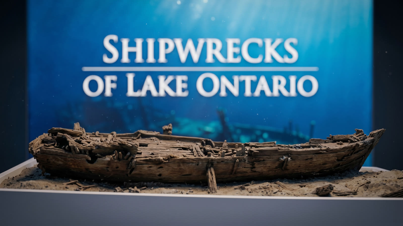 A physical scale model of the wreck on an illuminated plinth