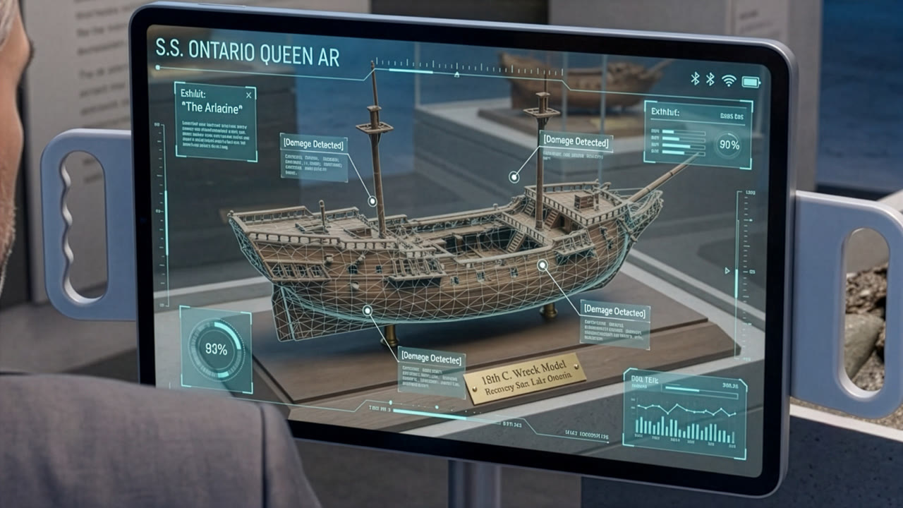 The swiveling VR Vue Viewer touchscreen beside the wreck model